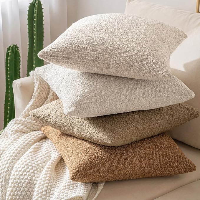 MIULEE 24x24 Decorative Euro Sham Throw Pillows for Bed Set of 2 Textured Boucle Neutral Winter Throw Pillow Covers Oatmeal Accent Solid Couch Pillowcases Sofa Livingroom Home Decor