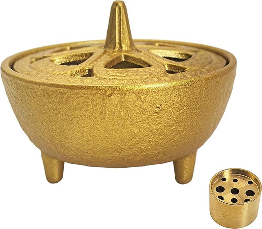 Small Cast Iron Incense Burner Holder, Home Decor, Bowl Design with Lid, Golden Incense for Sticks, Resin, Cone Incense or Wax Melts, Cense with Stand Base for Yoga, Spa, Room, Office