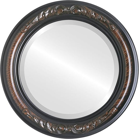 OVALCREST Round Beveled Wall Mirror for Home Decor - Florence Style - Vintage Walnut - 34x34 Outside Dimensions