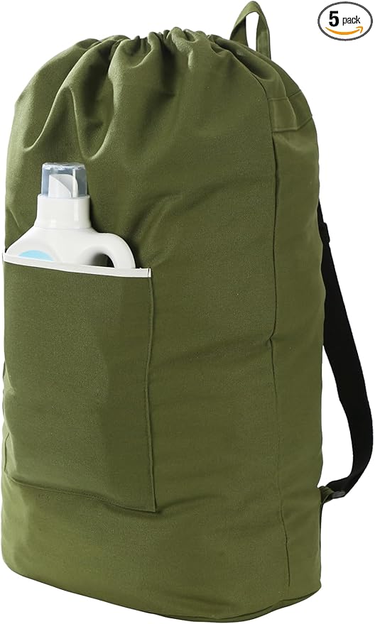 Canvas Laundry bag, Washable Laundry backpack, Adjustable Straps, Large Front Pocket, Drawstring Closure (ARMY GREEN, X-Large)