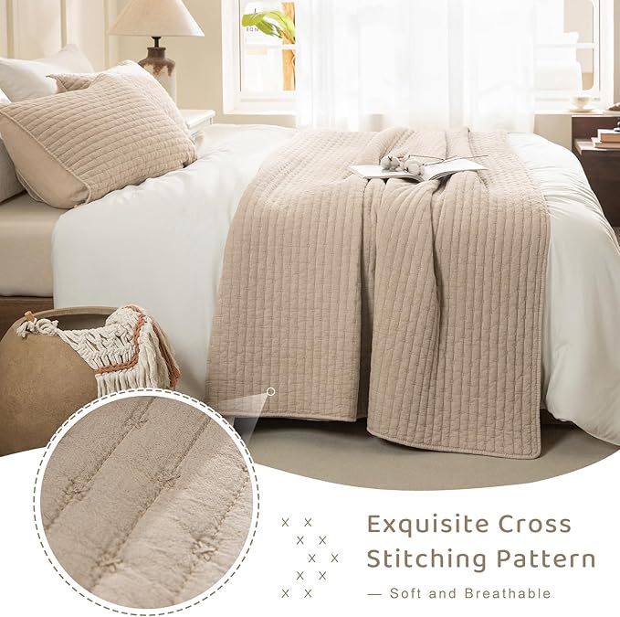 Sanracie Oversized King Bedspread (128"x120"), 100% Cotton Cross Stitch Pattern California King Coverlet Quilt Set 3Pcs Warm Taupe Colored Lightweight Extra Large King Bed Quilt for All Season
