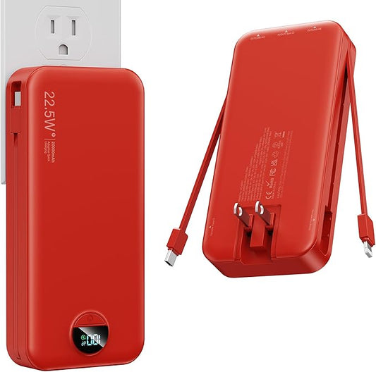 Portable Charger, 20000mAh 22.5W Fast Charging Power Bank with Built-in Cables & Wall Plug, USB C External Battery Pack with LED Display, Travel Essentials Phone Charger for iPhone iPad Samsung Red