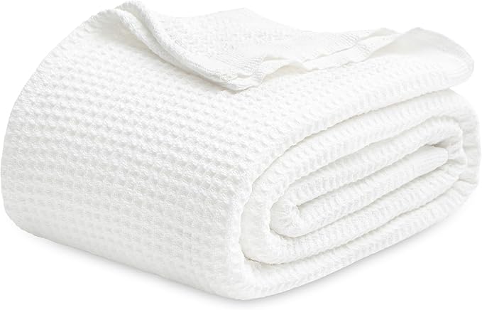 Bedsure Gentlesoft 100% Cotton Blanket Queen Size for Bed - Breathable and Soft, Thick Cozy Waffle Weave Christmas Blanket Gift for Women, White, 90x90 Inches