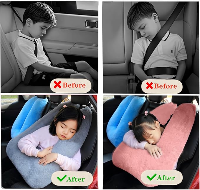 Kids Travel Pillow Car Pillow, Travel Pillow with Lining, Neck and Head Support Cushion for Kids and Adults, Perfect for Long Distance Travel, Car Seats, Airplanes, and Road Trips (Grey)