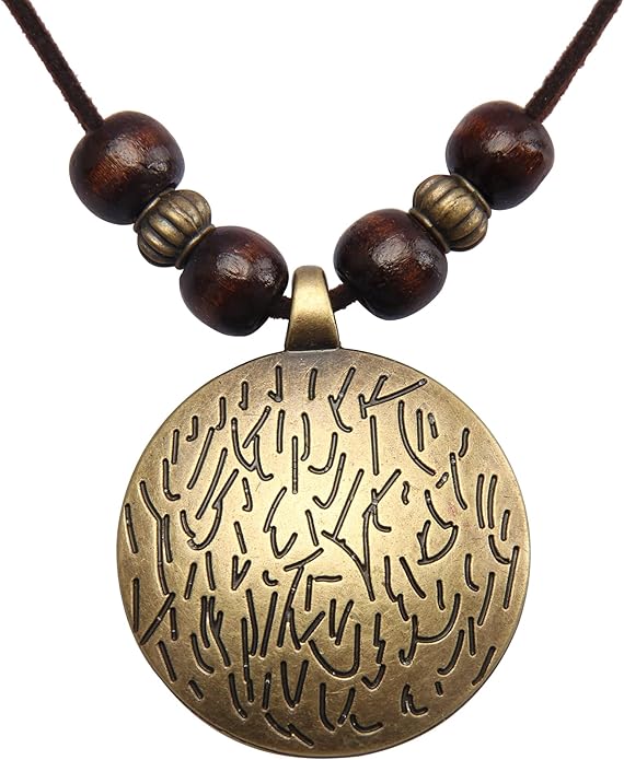 Leather Necklace for Women Boho Choker Necklace Long Cord Leather Pendant Bohemian Neckalce Vintage Alloy Pendant Leather Rope Necklace Wooden Necklaces for Women