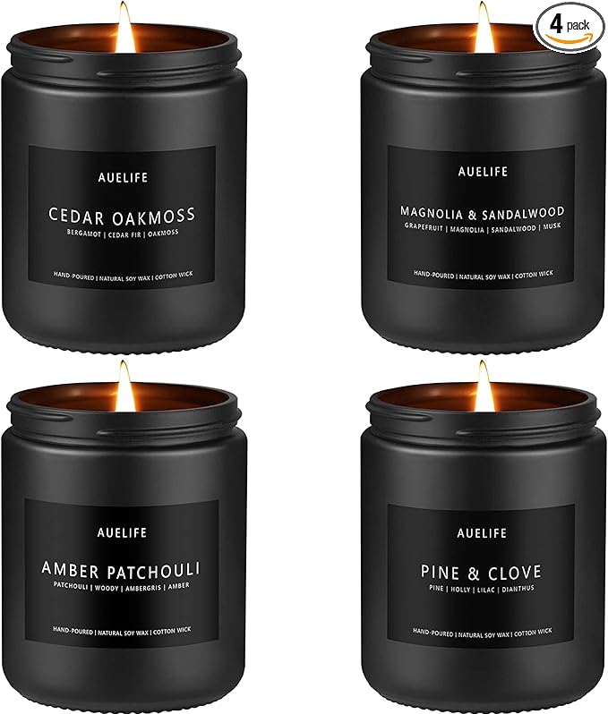 Candle Gift Set for Men – 4 Pack Soy Candles with Cedar Oakmoss, Pine & Clove, Amber Patchouli, Sandalwood – Masculine Scented Candles for Home, Valentine's Day Gift for Him