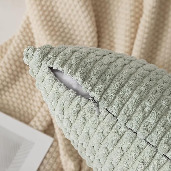Kevin Textile Pack of 2 Corduroy Decorative Throw Pillow Covers 24x24 Inch Soft Boho Striped Pillow Covers Modern Farmhouse Home Decor for Spring Sofa Living Room Couch Bed Light Green