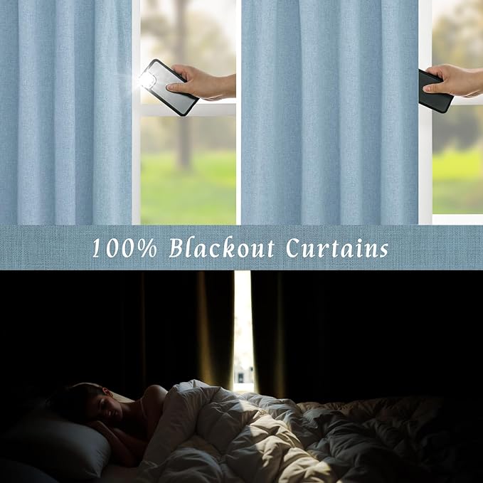 LAMIT 100% Blackout Linen Curtains, 72 Inches Linen Textured Thermal Bedroom Curtains Back Tab and Rod Pocket Neutral Panels with White Liner for Boys' Room, 2 Panels, 52 x 72 Inch, Stone Blue
