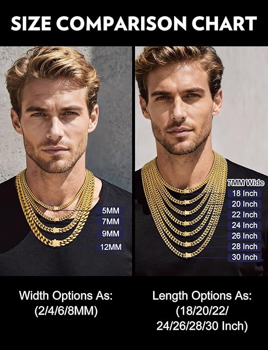 Bandmax Mens Stainless Steel Chain Necklaces 5/7/9/12MM Chunky Miami Cuban Link Chain Necklace Bracelet Silver/Gold Plated/Black Chains for Men 18"-30"
