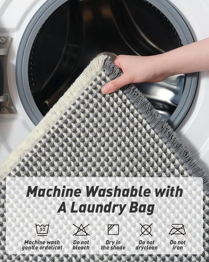 AMOAMI Upgraded Waffle Runner Rug Super Absorbent Non Slip Bath Mats for Bathroom Machine Washable Bathroom Runner Rug with Tassels, Ideal for Hallway Bedroom Laundry Room, 2' x 5', Darkgrey & Cream
