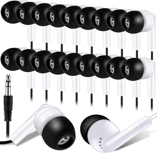 Kanayu 100 Pack Wired Earbuds Bulk for Classroom Ear Headphones Wired Basic Student Earbuds No Microphone with 3.5MM Jack for Class Laptop School Library, Individually Bagged (Black White)