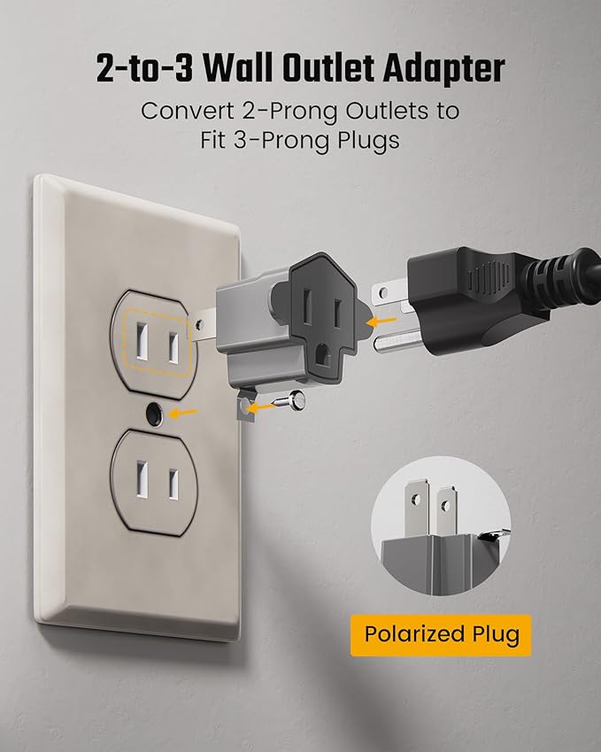 2 Prong to 3 Prong Outlet Adapter, SUPERDANNY ETL Listed 3-2 Prong Adapter, Fire-Retardant (392℉) PBT Material, Heavy Duty Wall Plug Adapter for Old Homes, Travel to Japan, Gray, 6-Pack