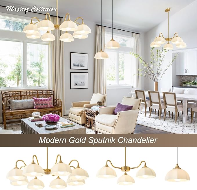 Mid Century Modern 3 Light Sputnik Chandeliers Retro Gold Milk Glass Chandelier Pendant Light Fixture Nordic White Ceramic Kitchen Island Hanging Lights Dining Room Ceiling Lamp MPL13-3 GD