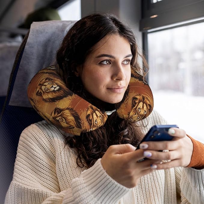 Neck Support Pillow, Comfortable Memory Foam Car/Flight/Airplane Chin Pillows U Shaped Cushion for Office Travel Sleeping Lions Animal King
