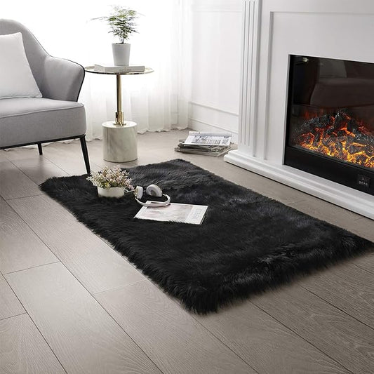 SERISSA Ultra Soft Faux Fur Area Rug Black Fluffy Rug Plush Chair Cover Seat Pad Fuzzy Carpet Furry Beside Rugs for Bedroom Floor Sofa Living Room 2x4 Feet (Rectangular,Black)