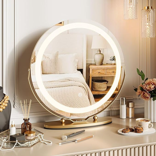 19" Round Vanity Mirror with Lights, Large Makeup Mirror with 3 Color Lighting Dimmable, Smart Touch Control, 360°Rotation Vanity Mirror for Bedroom, Dressing Room, Tabletop, Easy to Install, Gold