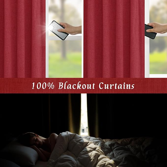 LAMIT Red 100% Blackout Linen Curtains, 84 Inch Linen Textured Living Room Christmas Decor Panels Room Darkening Back Tab and Rod Pocket Burlap Neutral Drapes with White Liner, 2 Panels, 60 x 84 Inch