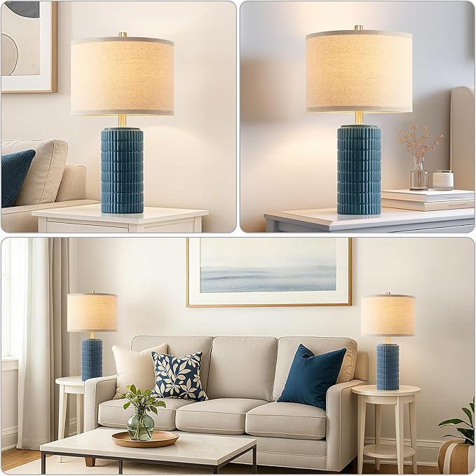 23'' Set of 2 Farmhouse Ceramic Table Lamps for Living Room, Rustic Nightstand Lamp for Bedroom, Office, Dorm, Hallway, 2 LED Bulbs Included