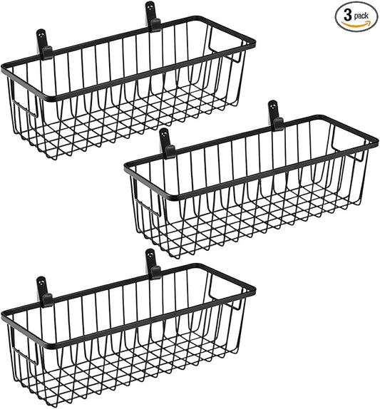 SheeChung Hanging Wall Wire Baskets - Small, 3 Pack - Portable Metal Wall Mount Basket, Farmhouse Rustic Home Food Storage Organizer for Cabinets, Pantry, Closets, Bathroom, Kitchen, Bedroom (Black)