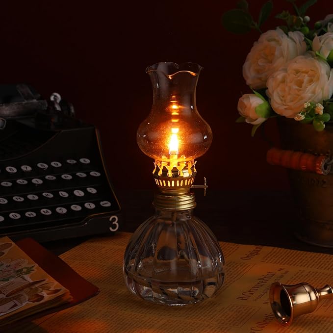 Yexiya 6 Set Vintage Glass Kerosene Lamp Rustic Oil Lamp Lantern Chamber Oil Clear Kerosene Hurricane with 6.6 ft Extra Wick for Indoor Use Lighting Decor Emergency (Pumpkin Style)