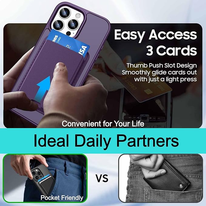 Ntwinro Magnetic for iPhone 14 Pro Case (Compatible with MagSafe) with Detachable Wallet & Card Holder for 3 Cards [RFID Blocking] Military Grade Protective Slim Phone Cover, Purple