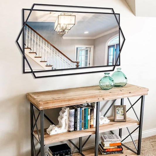 24"x47" Large Wall Mirror for Decor, Living Room Decoraive Wall Mirror with Metal Frame, Unique Black Bathroom Mirror Vertical or Horizontal Hanging