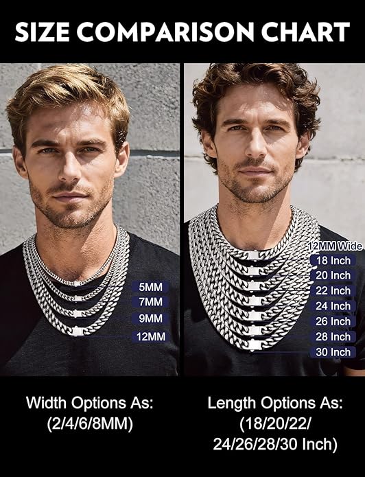 Bandmax Mens Stainless Steel Chain Necklaces 5/7/9/12MM Chunky Miami Cuban Link Chain Necklace Bracelet Silver/Gold Plated/Black Chains for Men 18"-30"