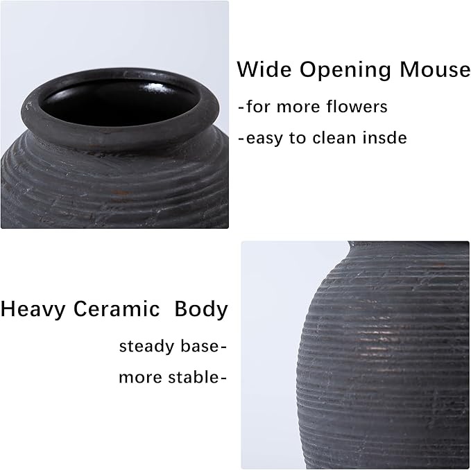 8 Inch Ceramic Black Vase -Rustic Flower Decorative Vases for Home Decor- Vintage Pottery VaseTerracotta Vase for Christmas, Farmhouse House Shelf Decor Farmhouse Table, Lyeec