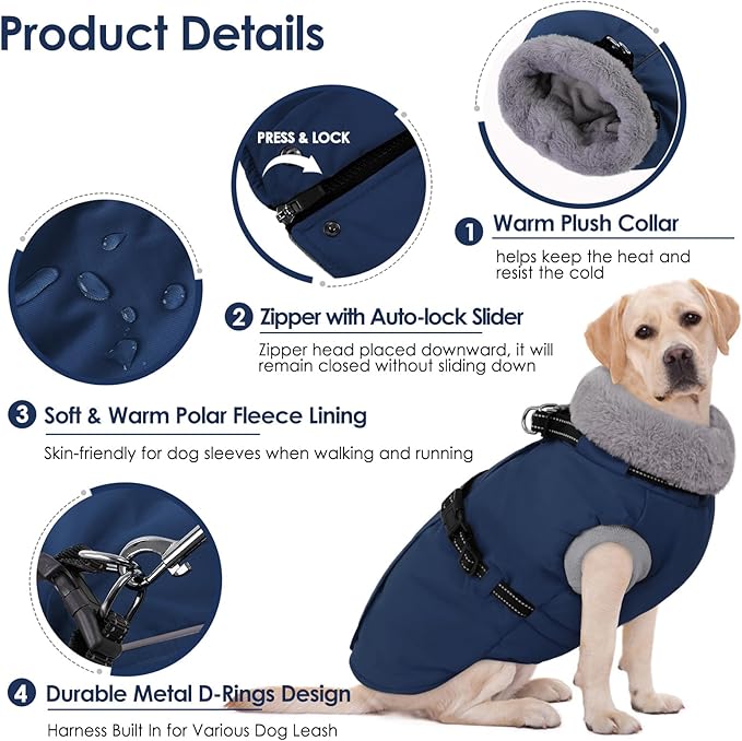 AOFITEE Dog Coat for Large Dogs, Warm XL Dog Jacket Winter, Pet Winter Coat with Harness Built in, Fleece Lined Pet Puffer Jacket Reflective Waterproof Snowsuit for Extra Large Dogs, Blue XL