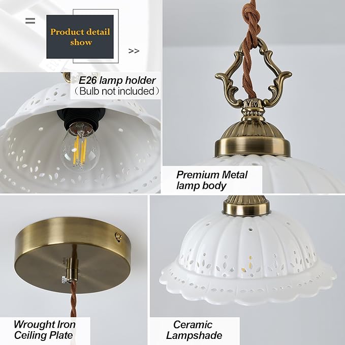 Ceramic Pendant Light 1-Light Adjustable Cord Industrial Ceiling Hanging Light Brass Vintage Chandelier for Kitchen Island Bar Dining Room Bedroom Foyer Hallway Farmhouse