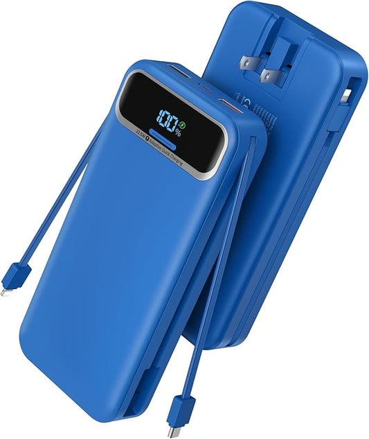 Portable Charger, 20000mAh 22.5W Fast Charging Power Bank with Built-in Cables & Wall Plug, Travel Essential External Battery Pack with LED Display, USB C Battery Phone Charger for iPhone Samsung Navy