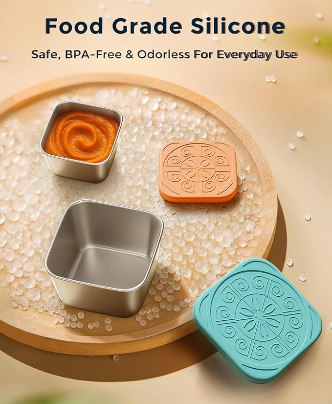 Dobyusf 12-Piece Stainless Steel Snack Container Set - Airtight Silicone Lid with Printed Design Sauce Containers, Multi-Use Food Storage for Salads, Dips, Snacks, Microwave & Dishwasher Safe