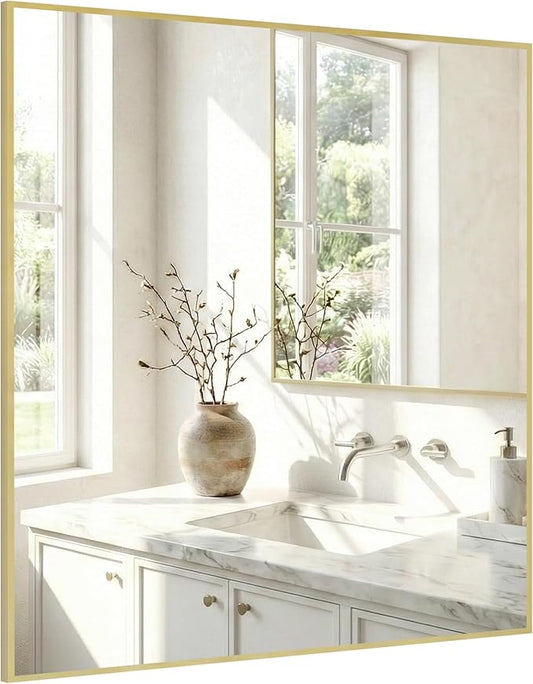 36"x36" Large Gold Wall Mirror, Metal Framed Bathroom Vanity Mirror, Oversized Square Mirror Over Sink, Luxury Living Room Decor, Flush Mount