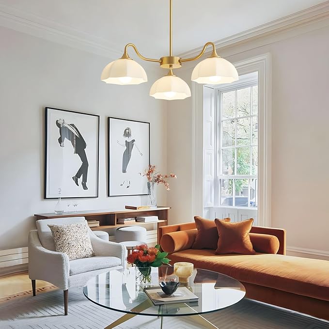 Mid Century Modern 3 Light Sputnik Chandeliers Retro Gold Milk Glass Chandelier Pendant Light Fixture Nordic White Ceramic Kitchen Island Hanging Lights Dining Room Ceiling Lamp MPL13-3 GD