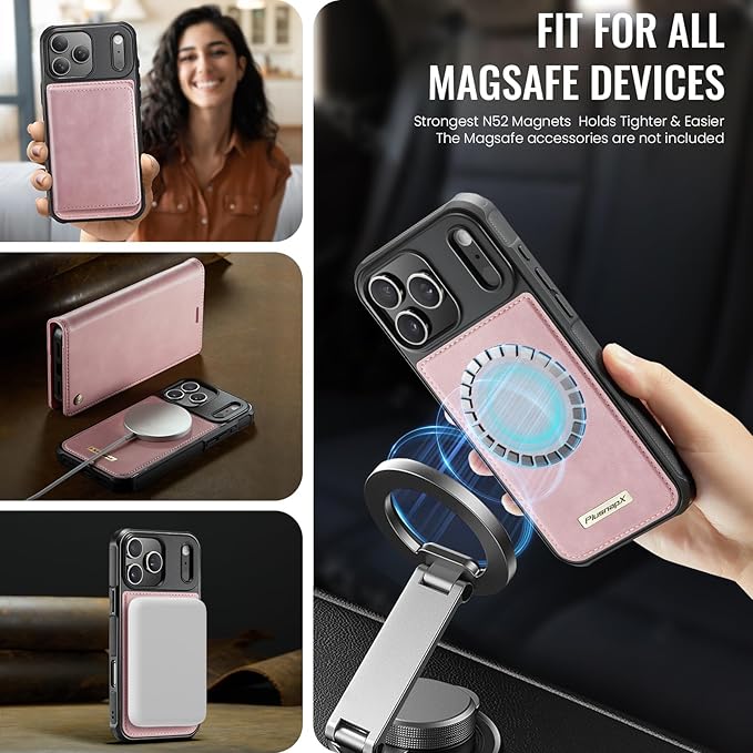 PlusnapX Wallet Case for iPhone 17 Pro Compatible with Magsafe, 2-in-1 PU Leather Flip RFID Blocking Card Holder Stand Shockproof Magnetic Detachable Cover for iPhone 17 Pro Case 6.3", Pink