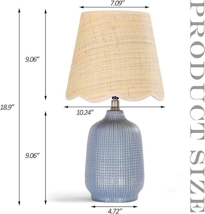 Pia Ricco 19" Modern Ceramic Table Lamp for Living Room Gray Bule Base Desk Lamps for Bedroom Farmhouse Bedside Nightstand Lamp End Table Lamps,Bule,Rattan Shade