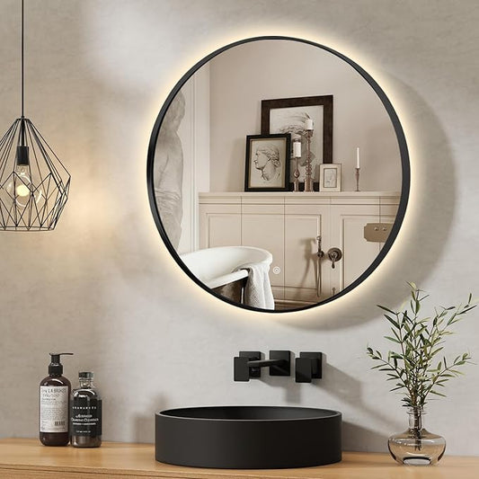 36" Round LED Bathroom Mirror, Wall Mounted Backlit Vanity Mirror with 45° Beveled Frame Lighted Mirror for Bedroom, Fog Free 3-Color Dimmable Lights Memory Function, Black