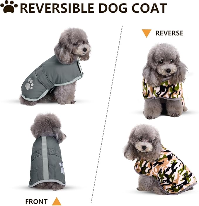 Queenmore Dog Winter Coat, Cold Weather Fleece Jacket for Dogs, Waterproof Reflective Reversible, for Small, Medium and Large Dogs (Grey, XS)
