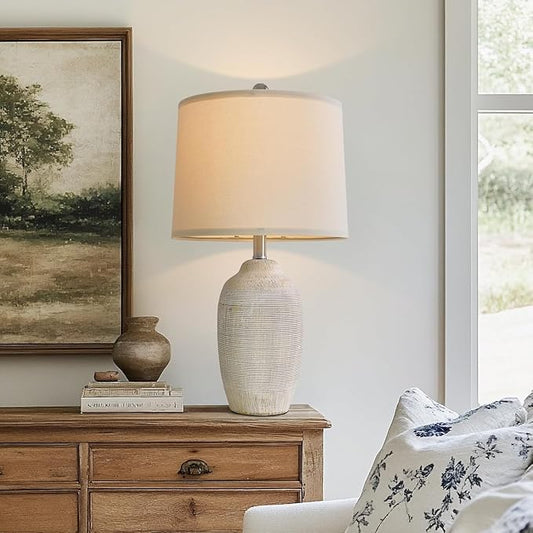 24 inch Vintage Ceramic Table Lamp - Single Farmhouse Rustic Bedside Lamp with Natural Textured Finish, Nightstand Lamps for Living Room, Bedroom, End Table Beige