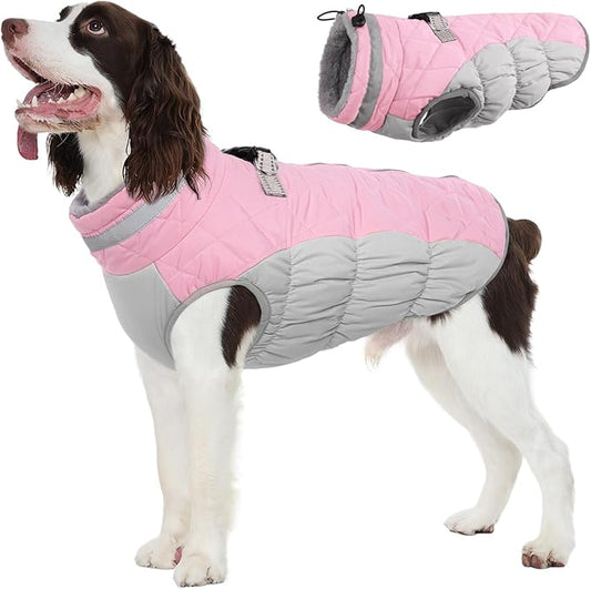 FUAMEY Dog Coat for Large Dogs,Waterproof Dog Winter Jacket with Harness Built in Puppy Cold Weather Coats Reflective Pet Vest with Zipper Warm Fleece Dogs Snowsuit Windproof Pink XL