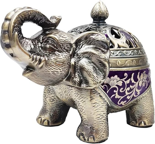 Hourwof Metal Elephant Incense Holder,Vintage Cone Coil Incense Burner with Lid,Ash Catcher,Aromatherapy Ornament Home Office Decor (Purple)