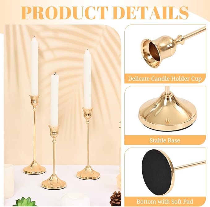 Candlestick Holders 6 PCS, Metal Taper Candle Holder, Gold Candle Holders for Pillar Candles, Vintage Dining Table Centerpiece Decorations for Wedding Party Christmas Halloween Decor
