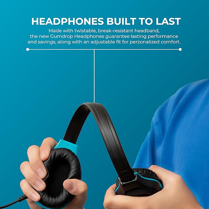 Gumdrop DropTech On-Ear Wired Headphones with 3.5 mm Jack and Long Tangle Free Chew-Proof Cord - Rugged, Reliable, Drop Tested and Comfortable for Kids, K-12 Students, Classroom and School Use - Black