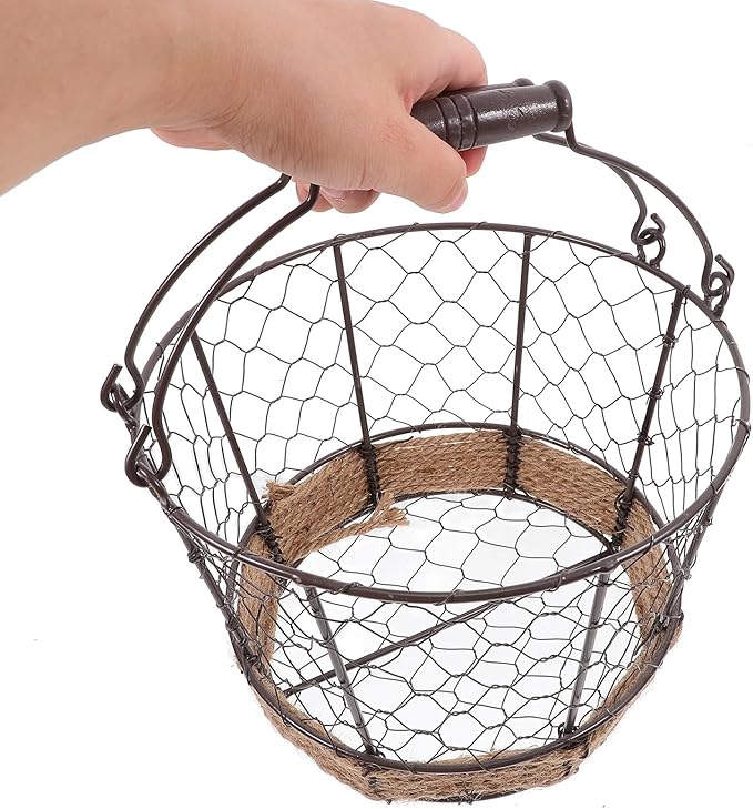 Housoutil Iron Wire Storage Basket with Handle Vintage Small round Metal Organizer Basket for Fruit Vegetable and Desktop Sundries for Home Storage and Decoration