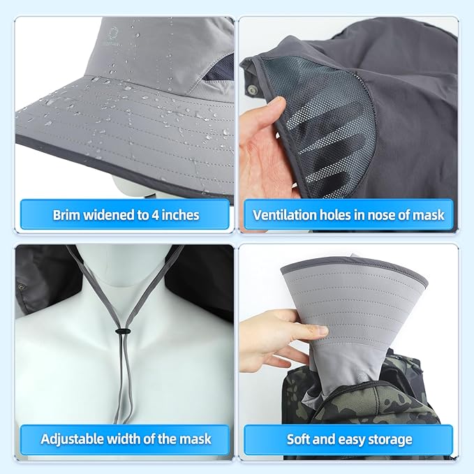 UPF 50+ Sun Hats for Men Women, Wide Brim & Face Neck Flap Fishing Hat, UV Protection Summer Hat for Fishing Hiking Outdoor