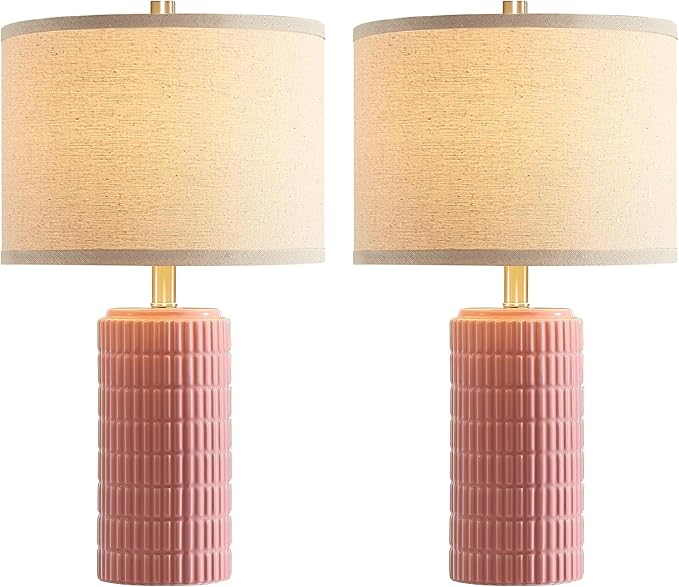23" Set of 2 Pink Ceramic Table Lamp for Living Room Bedroom, Modern Farmhouse Nightstand Desk Lamps for Dining Room Dresser End Table Entryway, 2 LED Bulbs Included