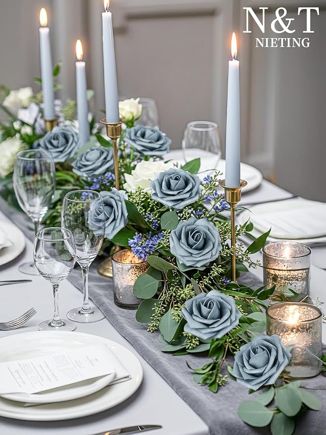 N&T NIETING Artificial Flowers, 25pcs Foam Roses Fake Flowers DIY Wedding Party Cake Decoration, Home Display, Dusty Blue Gray