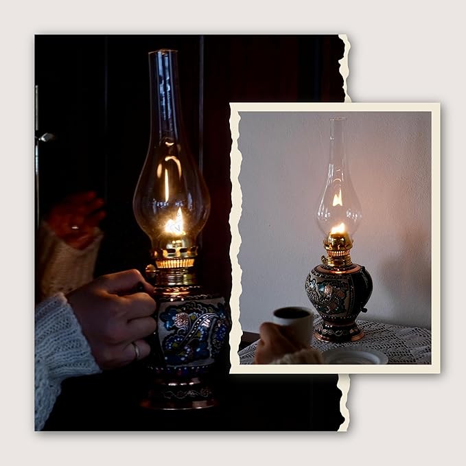 Vintage Handmade Copper Oil Lamp 15.35” – Decorative Hurricane Lantern for Indoor Lighting, Farmhouse Kitchen Décor, Emergency Lamp for Power Outages, Christmas Gift