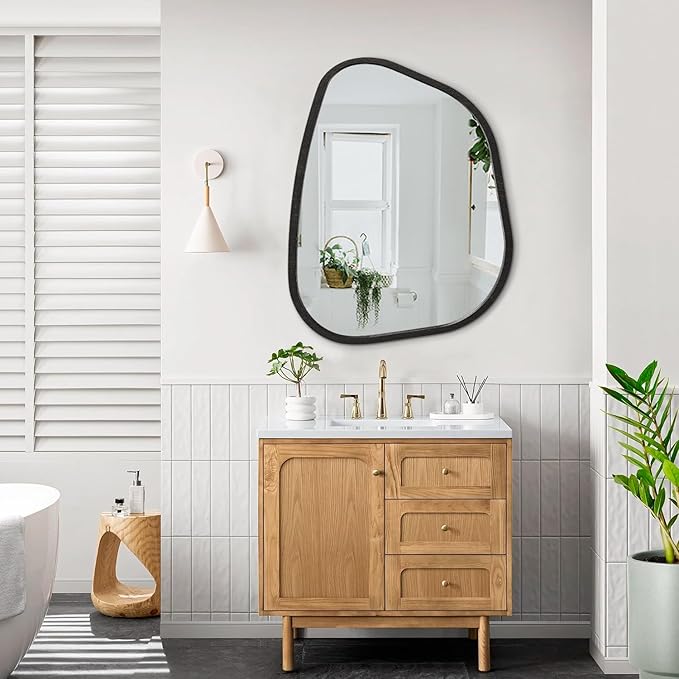 Irregular Wall Mirror Modern Oval Asymmetrical Wooden Framed Unique Hanging Mirror Artistic Wavy Mirror Decor Bathroom Vanity Bedroom Living Room Entryway Hallway 26"x18"