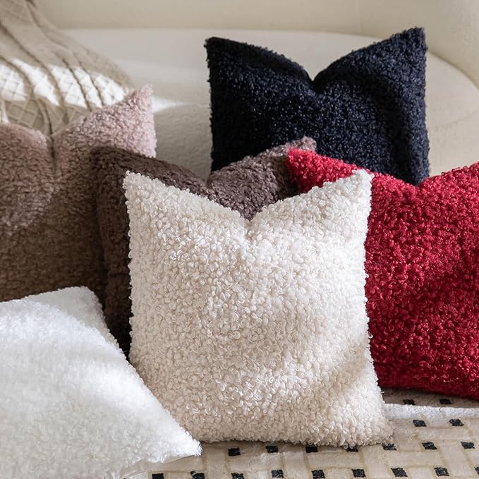 Yaertun Pack of 2 Faux Fur Throw Pillow Covers Decorative Sherpa Boucle Pillow Covers Fuzzy Soft Pillowcases Sheepskin Fleece Cushion Case for Couch Sofa Bed Living Room 12x20 Inch Beige